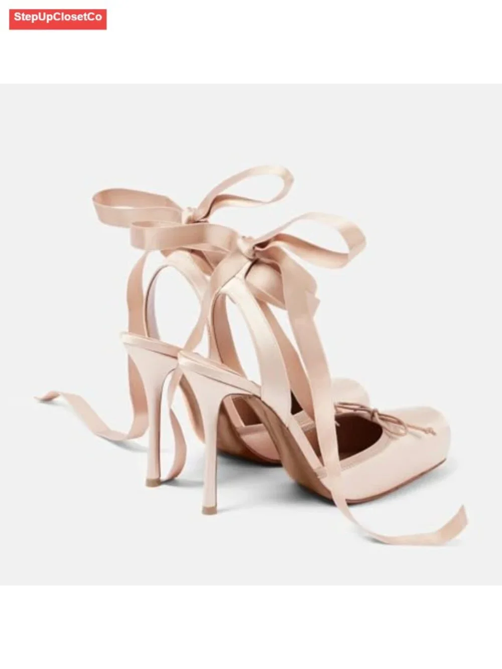 Satin Slingback High Heels with Bows Square Toe Lace-Up Stiletto Pumps Elegant